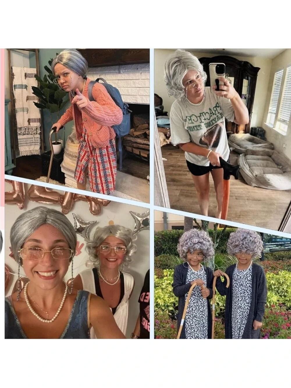 Old Lady Wig Costume Set for Women Gray Hair Granny Cosplay Halloween Party